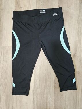 FILA Black Capri Running Leggings with Mint Cheetah Print Accents